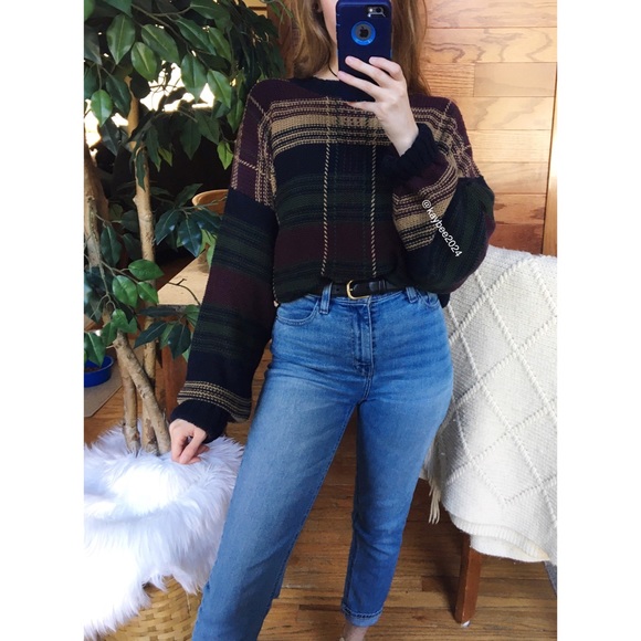Vintage Sweaters - 🌿 Vintage Forest + Maroon Plaid Chunky Knit 🌿
